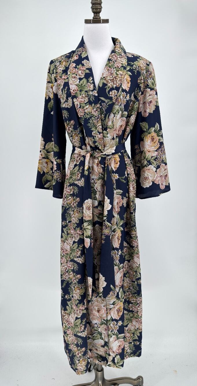 Vintage Natori Petite Navy Blue Pink Floral Satin Long Wrap Robe Sz Petite